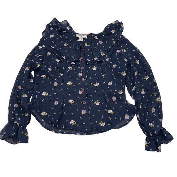 Jonathan Martin Floral Button-Up Blouse Size L Navy Long Sleeve Ruffle Collar - Picture 1 of 5